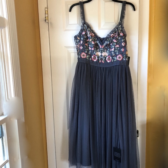 needle & thread embroidered prom midi dress in vintage blue